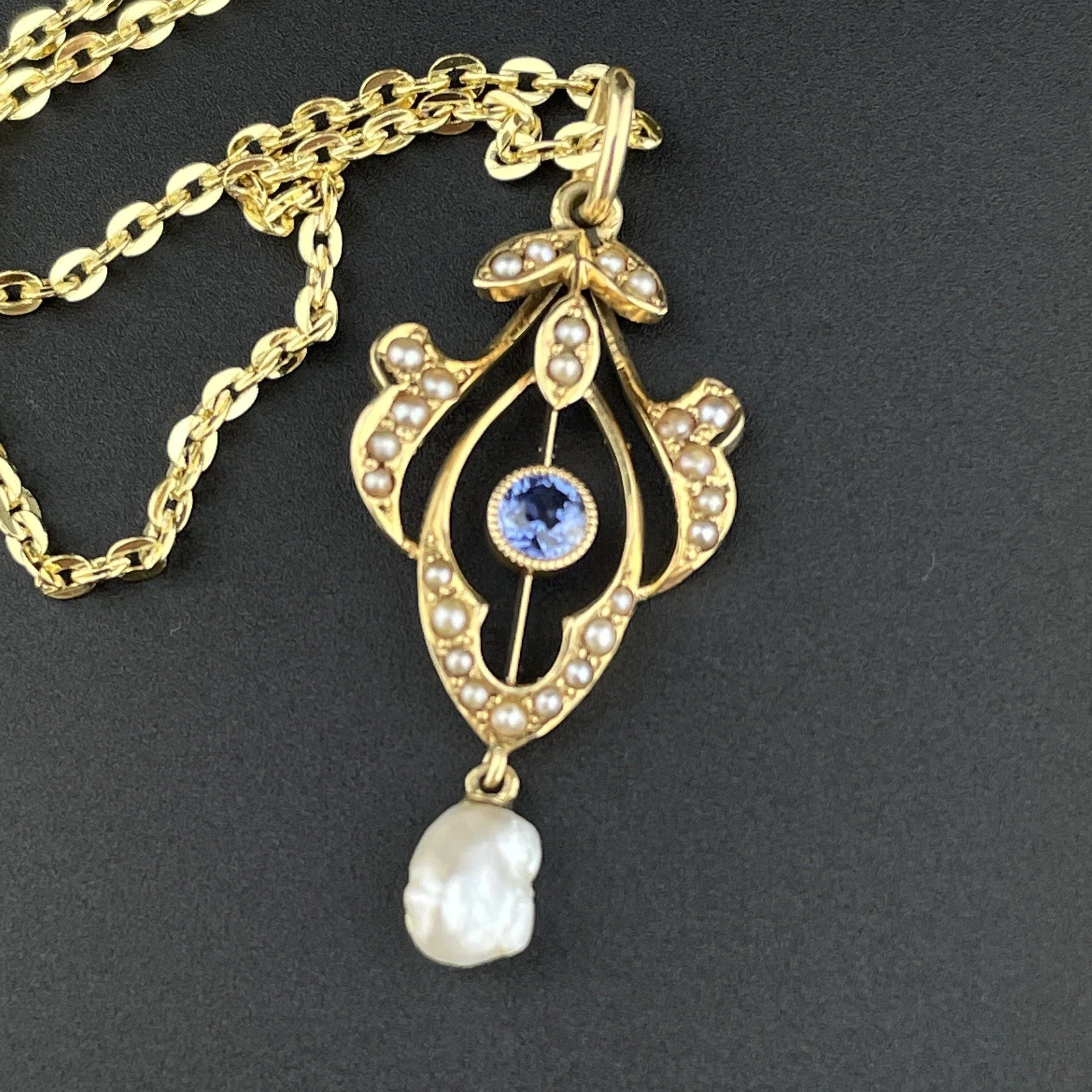 ON HOLD Art Nouveau 14K Gold Blue Sapphire Pearl Lavaliere Pendant Necklace