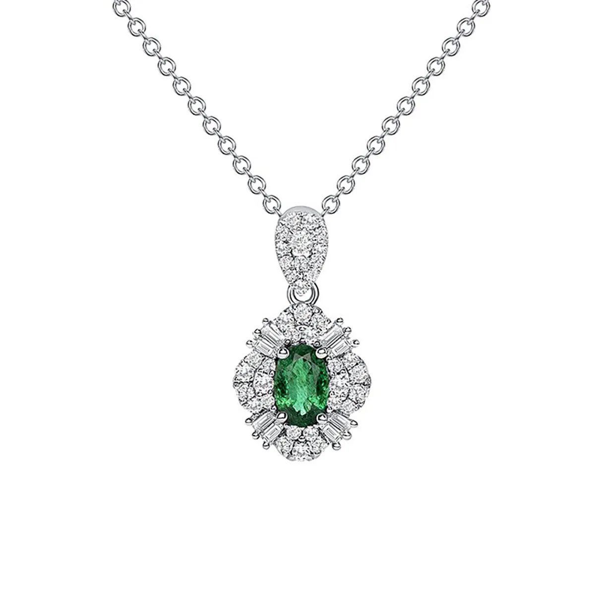 Oval Emerald Pendant in 18K White Gold