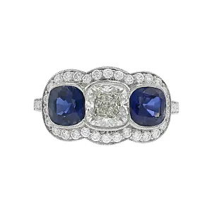 Platinum Cushion Diamond and Sapphire Halo Ring