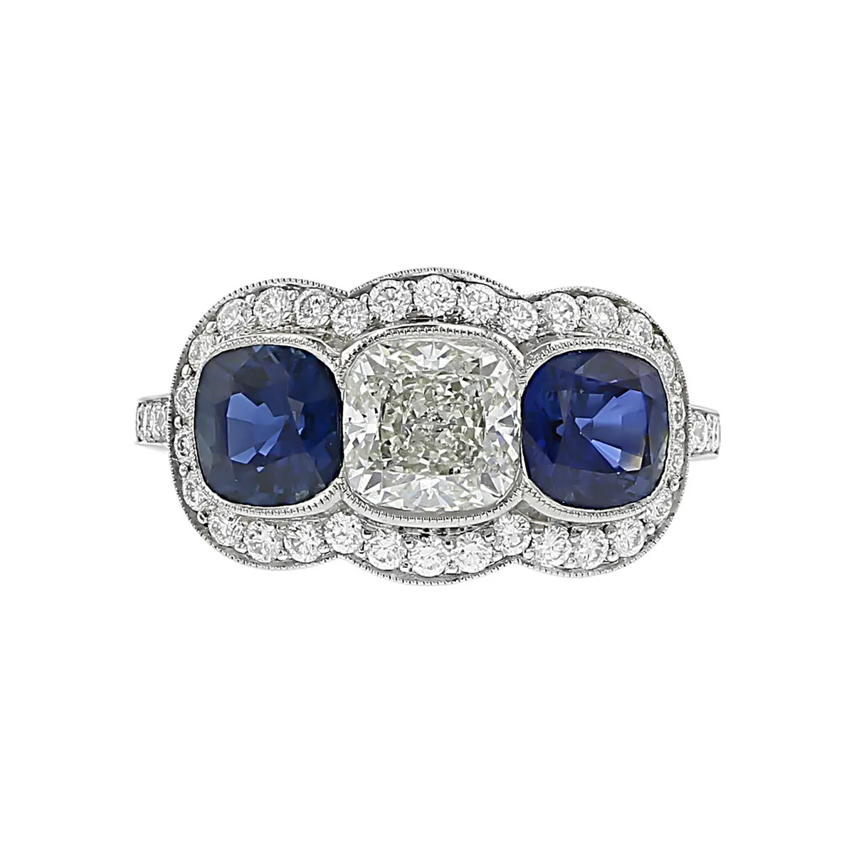 Platinum Cushion Diamond and Sapphire Halo Ring