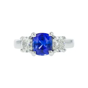 Platinum Cushion Sapphire and Diamond 3-Stone Ring