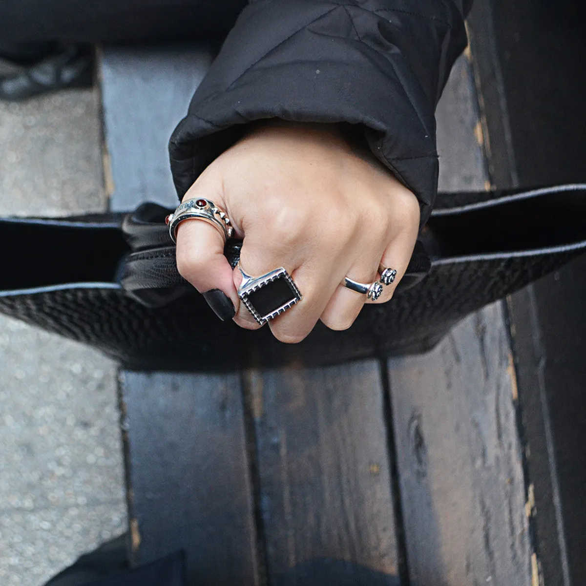 Rebel Punk Diamond Leather Signet Sterling Silver Ring