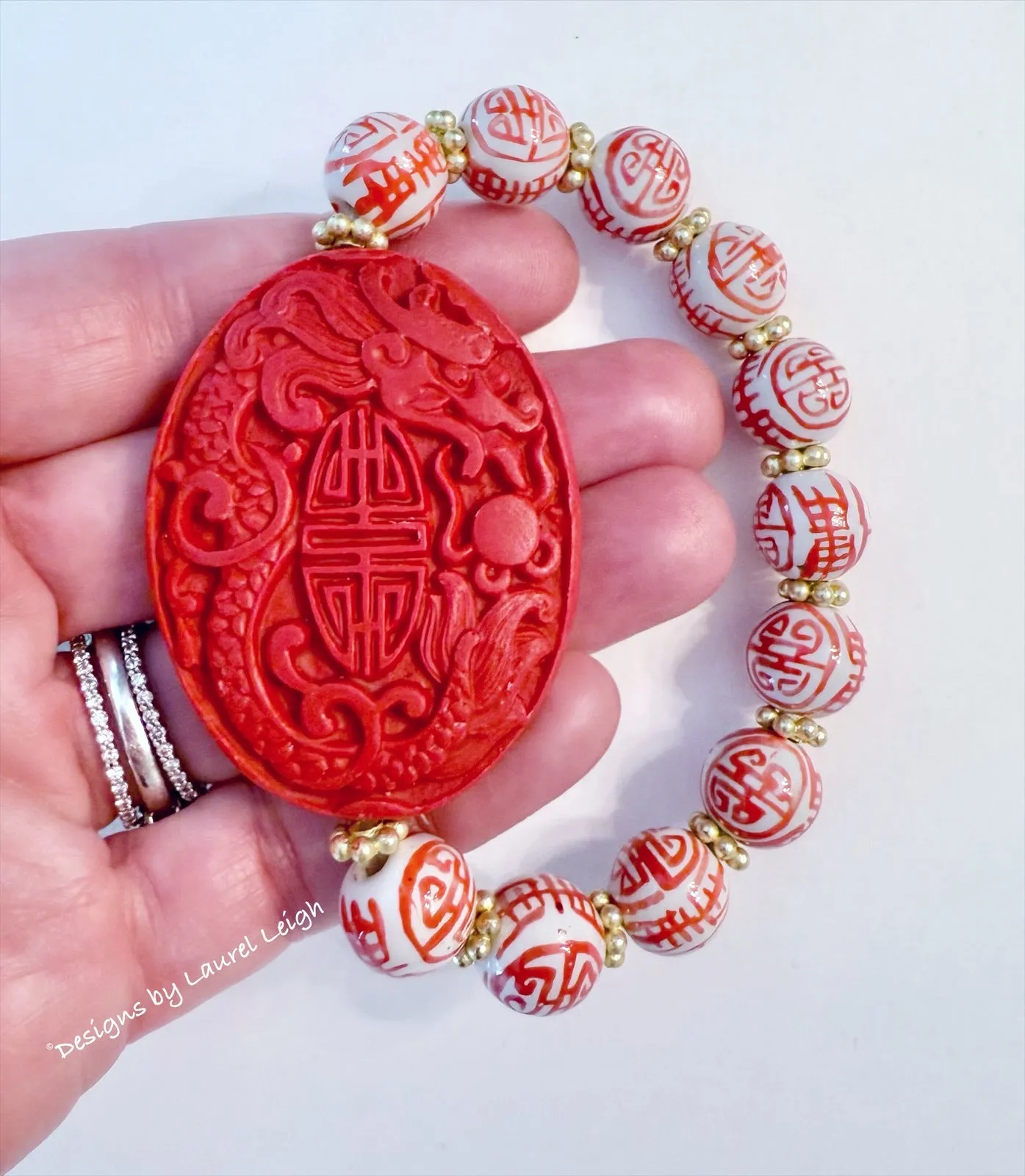 Red Chinoiserie Cinnabar Focal Bead Bracelet