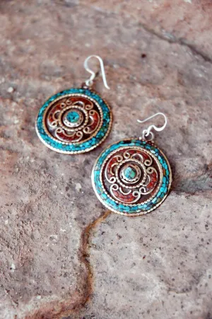 Round Coral and Turquoise Earrings