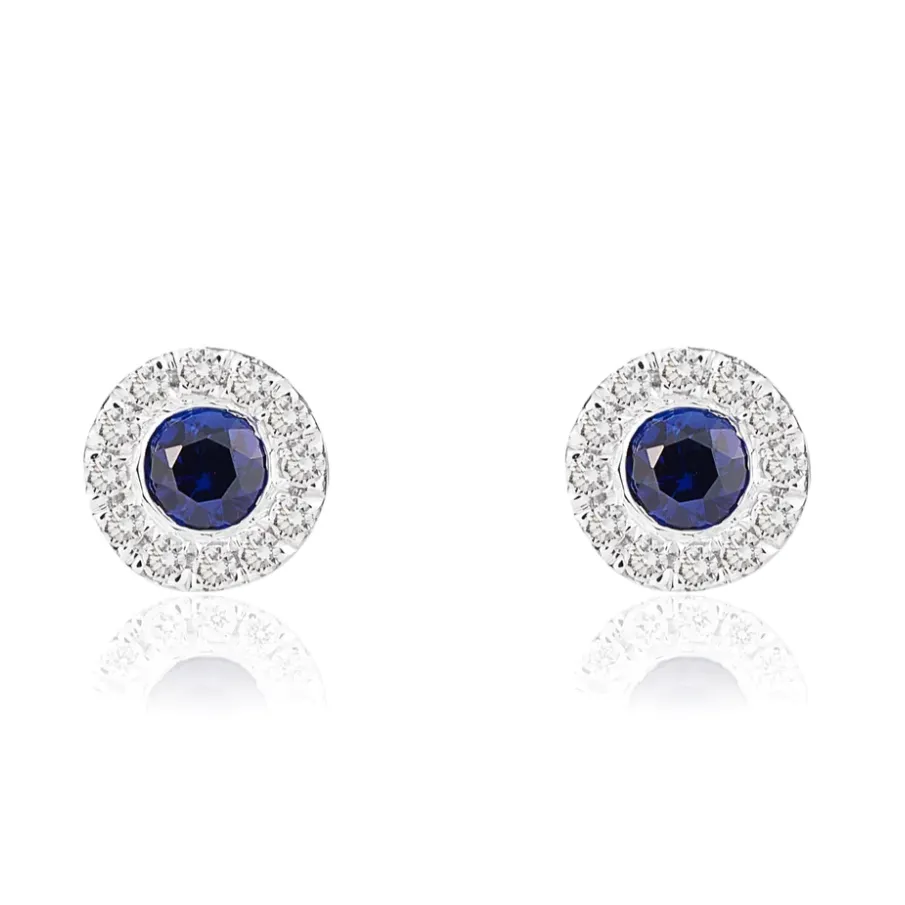 Round Sapphire and Diamond Stud Earrings