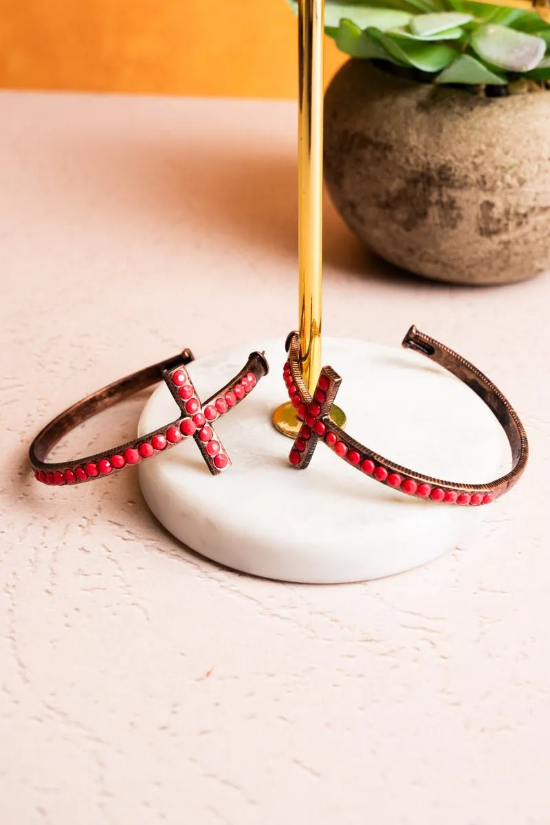 SALE! Coral Crystal Cross Coppertone Hoop Earrings