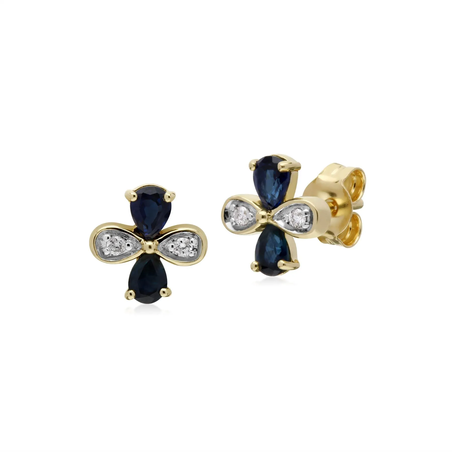 Saphir Ohrringe, 9 Karat Gelbgold Saphir & Diamant Blumenmuster Ohrringe