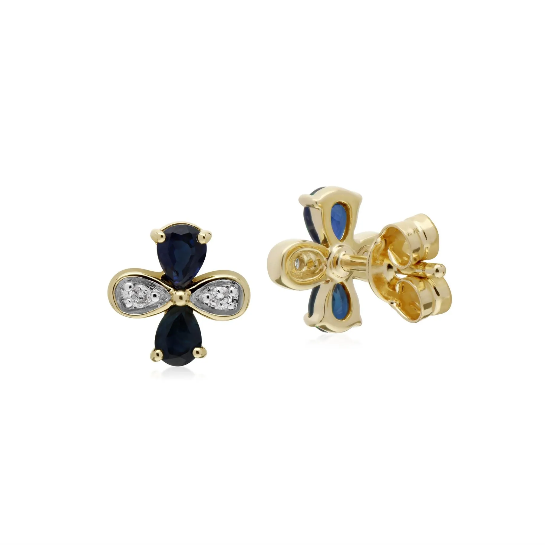 Saphir Ohrringe, 9 Karat Gelbgold Saphir & Diamant Blumenmuster Ohrringe