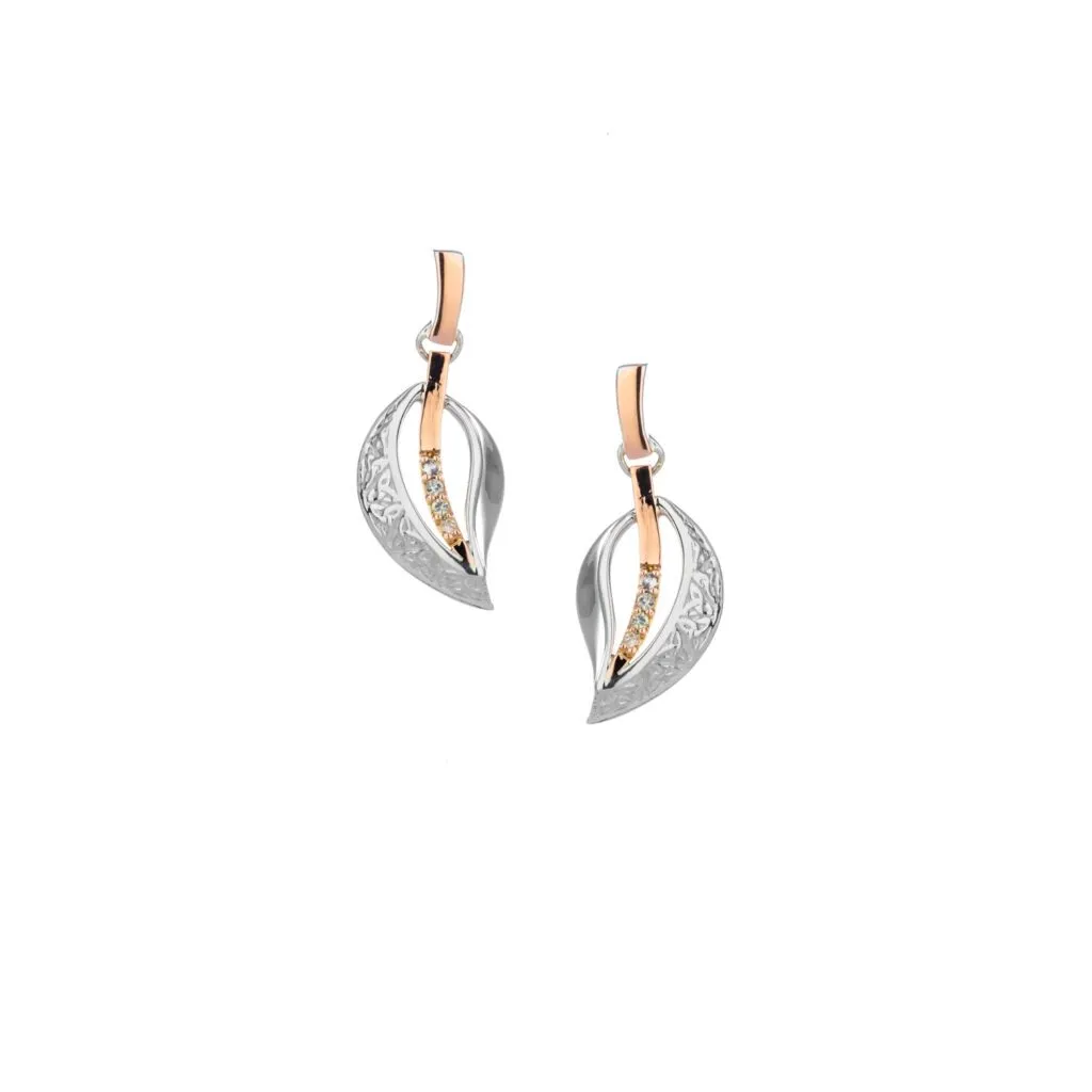 Silver and 10k Rose Gold Trinity Leaf Post Earrings - White Sapphire