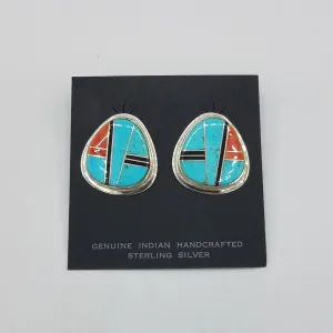 Silver Stud Earrings with Turquoise, Onyx, and Apple Coral | From Albuquerque