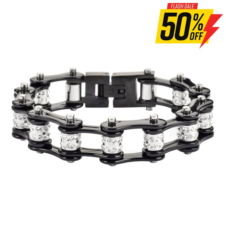 SK1617 1/2" Wide All Black Double Crystal Rollers Stainless Steel Motorcycle Bike Chain Bracelet