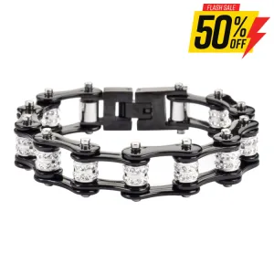 SK1617 1/2" Wide All Black Double Crystal Rollers Stainless Steel Motorcycle Bike Chain Bracelet