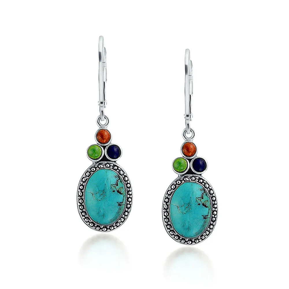 Southwestern Dangle Gemstone Earrings with Turquoise Lapis Coral in Sterling Silver