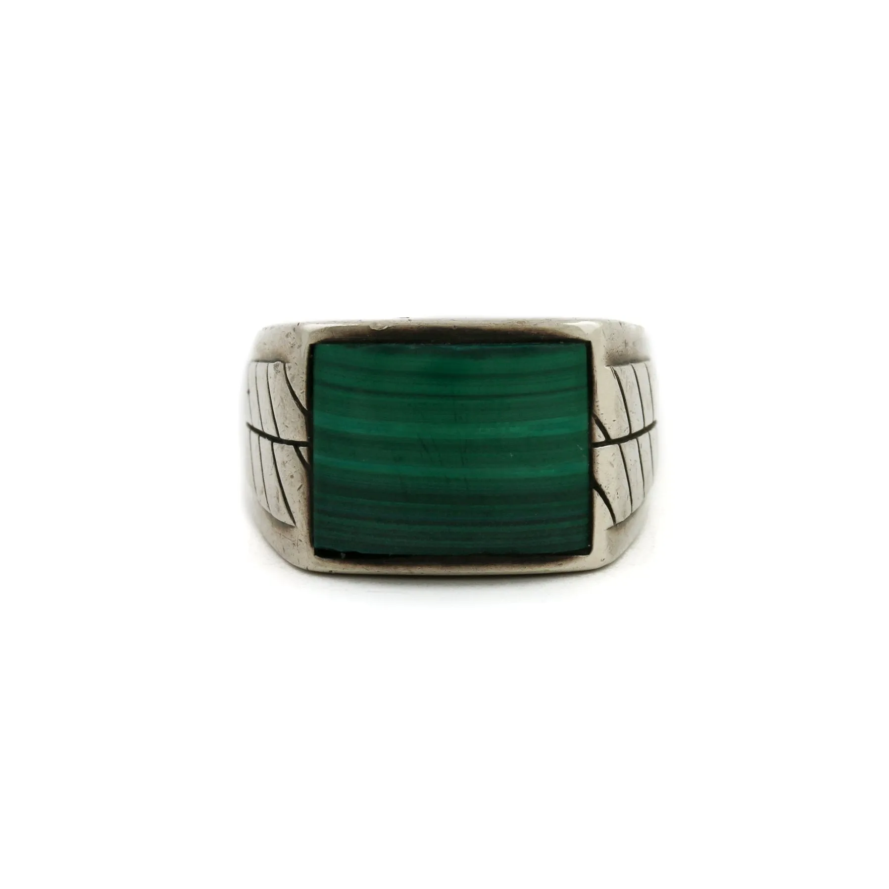 Sterling Silver x 1970's Square-Cut Malachite Signet