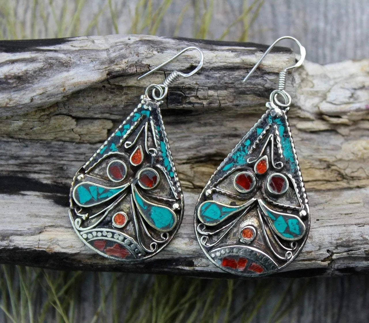 Tibetan Style Turquoise and Coral Earrings