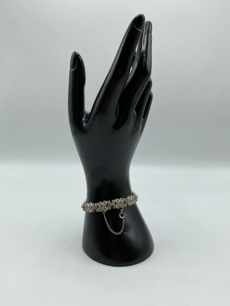 Unique Silver Rhinestone Linked Bracelet W/Safety Chain & Extender /r