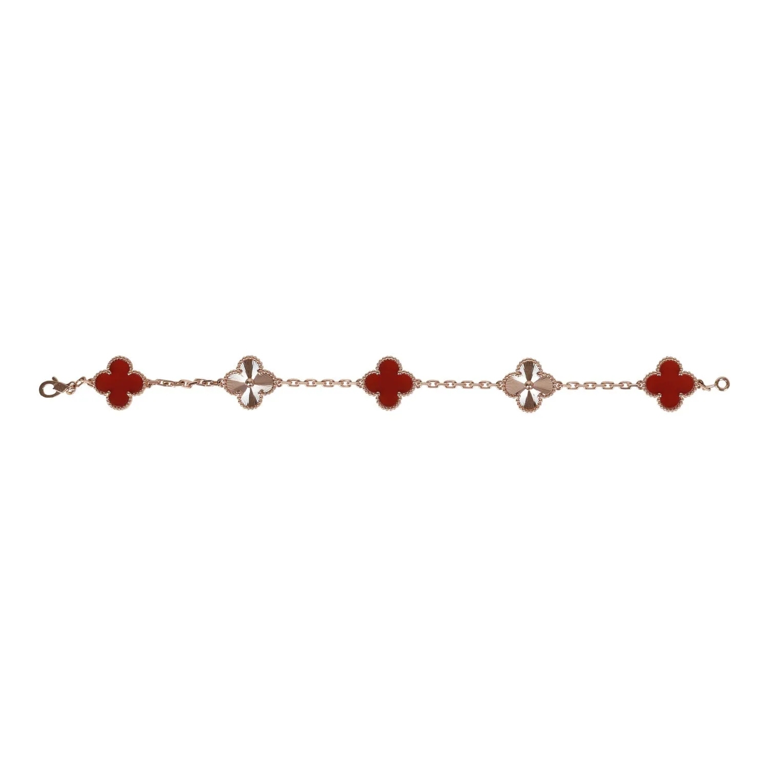 Van Cleef & Arpels Vintage Alhambra 5 Motif Bracelet Carnelian Guilloche 18K Rose Gold Hardware