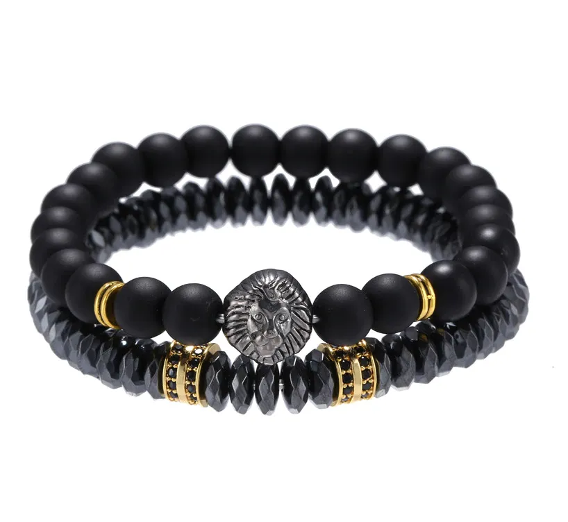 Ventura Silver Lion Black Stackable Beaded Bracelets