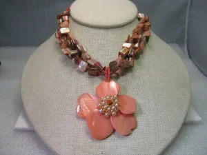 Vintage Shell Multi-Strand Necklace, Floral Pendant & Pierced Earring Set, Coral and Browns, Seed Beads.