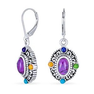 Western Multicolor Dangle Gemstone Earrings Purple Turquoise Sterling Silver