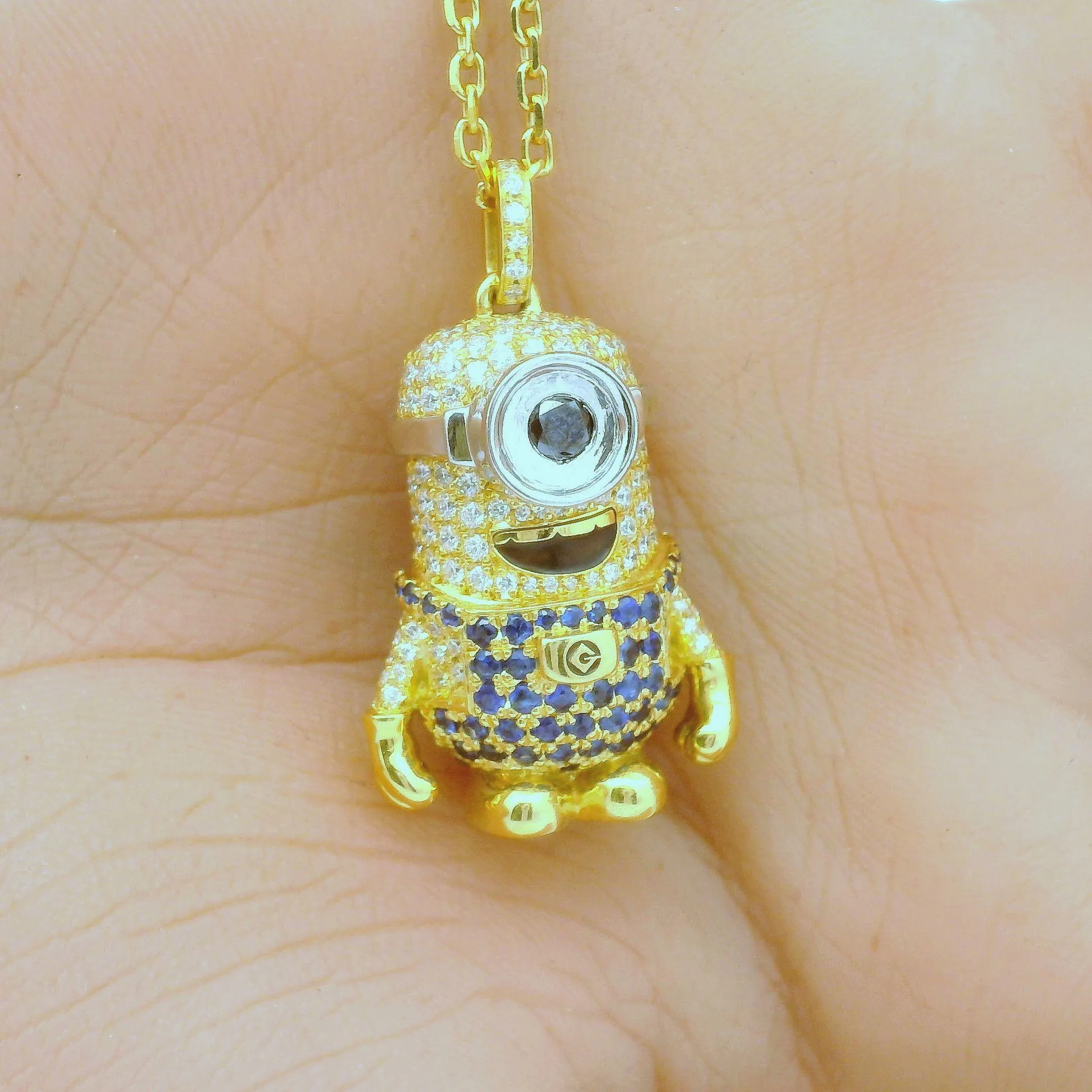 White & Black Diamond Sapphire 18k Yellow Gold “Minion” Pendant Necklace