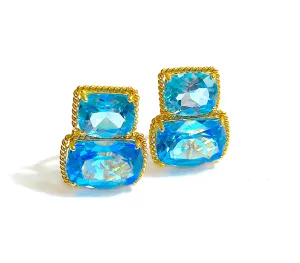 Yellow Gold Green Blue Topaz Cushion Earrings with Twisted Rope Border